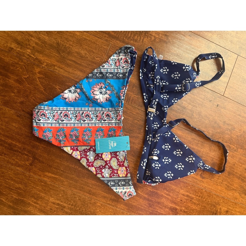 Cupshe Womens Medium Boho Floral Paisley Patchwork Triangle Bikini Set Blue New - Picture 4 of 5